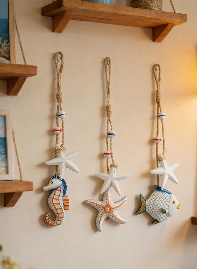 Lemon 3pcs Wooden Coastal Wall Art, Hanging Beach Wall Decor with Rope, Nautical Wall Decor with Starfish & Seahorse & Fish for Bedroom Living Room - Image 3
