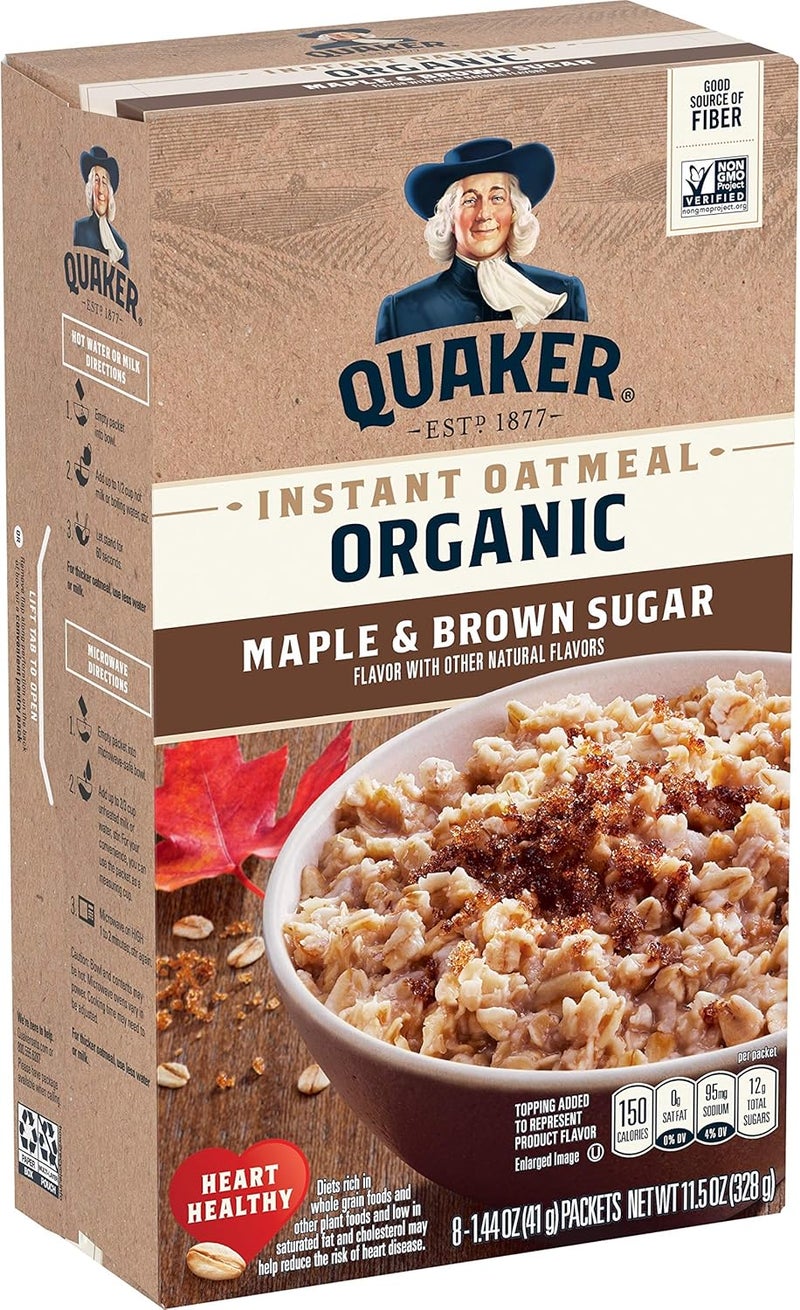 Quaker دقيق الشوفان العضوي الفوري من كويكر، بنكهة القيقب والسكر البني، حبوب الإفطار، 8 عبوات - Image 1