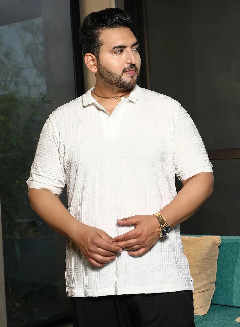 Instafab Plus Instafab Plus Men's Chalk White Intertwine-Textured Polo T-Shirt For Casual Wear | Polo Neck | Short Sleeves | Half-Button Closure | Plus Size T-Shirt Crafted With Comfort Fit For Everyday Wear