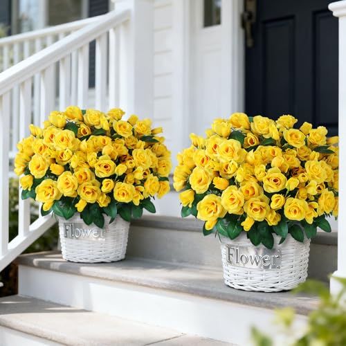Juxdp 2 Set of Artificial Rose Topiary Trees - Faux Silk Flower Potted Plant, UV Resistant Fake Outdoor Rose Bush for Front Door, Farmhouse, Porch, Garden Decor (Yellow) - Image 2