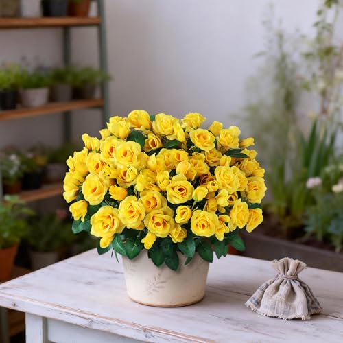 Juxdp 2 Set of Artificial Rose Topiary Trees - Faux Silk Flower Potted Plant, UV Resistant Fake Outdoor Rose Bush for Front Door, Farmhouse, Porch, Garden Decor (Yellow) - Image 3