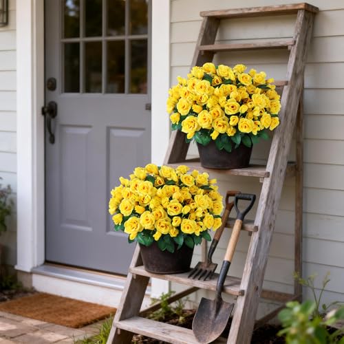 Juxdp 2 Set of Artificial Rose Topiary Trees - Faux Silk Flower Potted Plant, UV Resistant Fake Outdoor Rose Bush for Front Door, Farmhouse, Porch, Garden Decor (Yellow) - Image 4