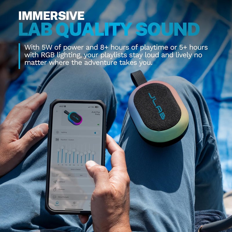 Jlab Pop Party Ultra-Portable Small Bluetooth Speaker with 8H+ Playtime - 5W Wireless Outdoor Travel Speaker with RGB Lights & Bold Audio, IPX5 Water Resistant Mini Speakers, Black - Image 2