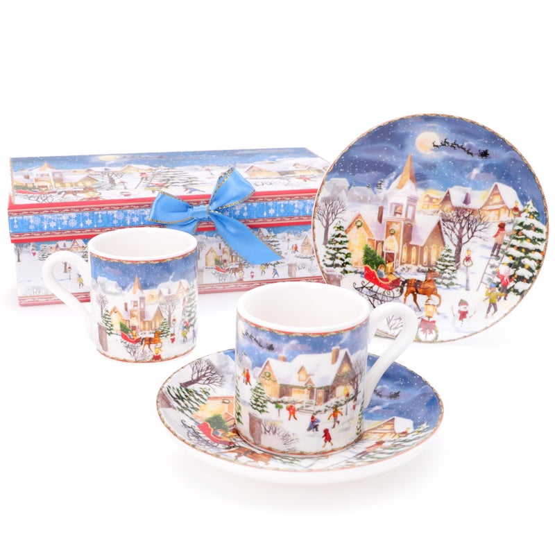 Christmas Concepts Festive Village Scene Deluxe Ceramic Tableware Range  2 x 3oz Espresso Cup  Saucer Set with Matching Decorative Gift Box