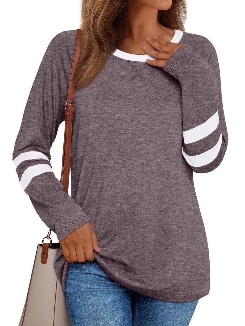 AUTOMET Womenâ€˜s Color Block Long Sleeve Shirts Crewneck, Plus Size Winter & Spring Top, Casual Fall Tee Daily Outfits RoseTaupe M - Image 1