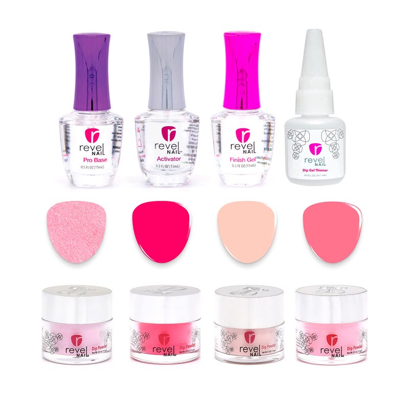 Revel Nail Starter Dip Powder Kit  4 Color Nail Kit Manicure Set with Nail and Liquid Pretty in Pink 4Pack
