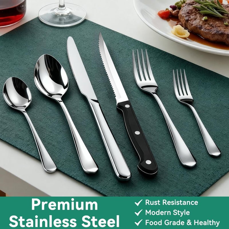 JUNLIN 49-Piece Silverware Set with Organizer, Stainless Steel Flatware Utensils Set for 8, Forks and Spoons Silverware Set Cutlery Set with Steak Knives, Dishwasher Safe - Image 3