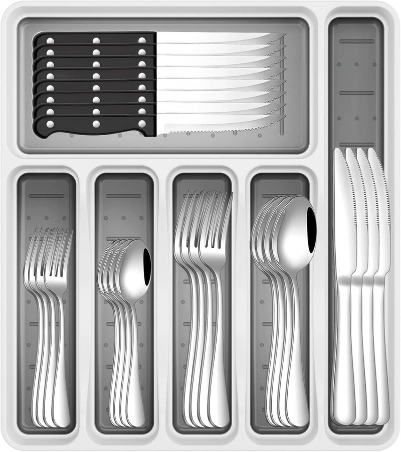 JUNLIN 49-Piece Silverware Set with Organizer, Stainless Steel Flatware Utensils Set for 8, Forks and Spoons Silverware Set Cutlery Set with Steak Knives, Dishwasher Safe - Image 1