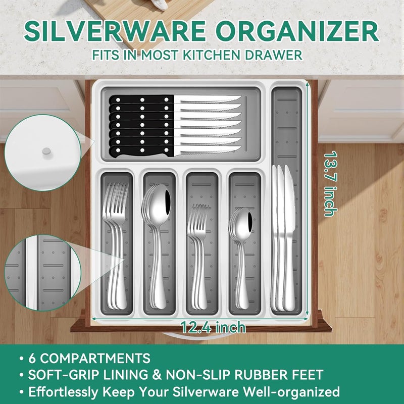 JUNLIN 49-Piece Silverware Set with Organizer, Stainless Steel Flatware Utensils Set for 8, Forks and Spoons Silverware Set Cutlery Set with Steak Knives, Dishwasher Safe - Image 5