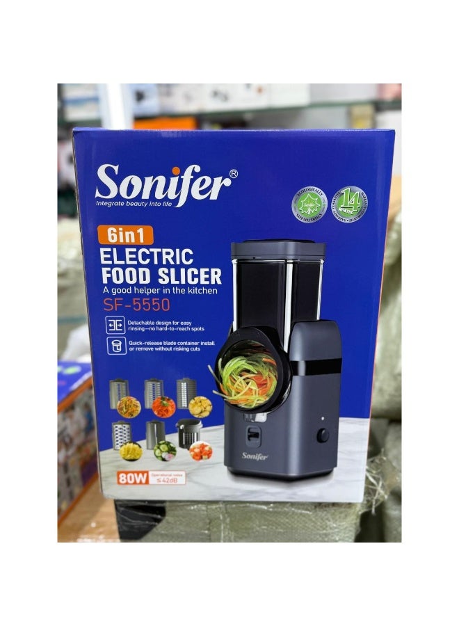 Sonifer SF-5550 6-in-1 Electric Vegetable Slicer & Food Chopper | 80W Powerful Motor with 6 Stainless Steel Blades | Multifunctional Salad Maker, Shredder & Grinder for Quick, Safe & Easy Food Prep - Image 2