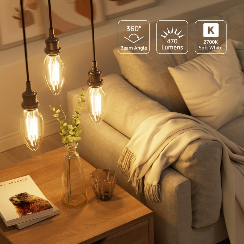 لايتنغ إيفر لمبة LED من Lepro طراز E14، لمبات شمعة LED بقاعدة لولبية صغيرة، 220-240 فولت، 4.5 واط، 470 لومن، مكافئة لمبة متوهجة 40 واط، لمبات SES E14 خيطية عتيقة، أبيض دافئ 2700 كلفن للثريات والمزيد، عبوة من 6 | وفر 90% من الطاقة، زاوية شعاع 360 درجة، خيط شفاف، غير قابلة للتعتيم، قاعدة إديسون لولبية صغيرة SES، لمبة شمعة E14، φ35 × 96 مم - Image 2