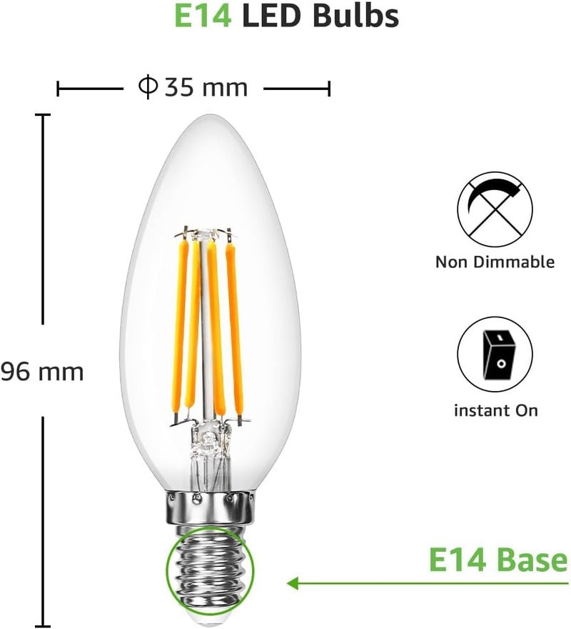 لايتنغ إيفر لمبة LED من Lepro طراز E14، لمبات شمعة LED بقاعدة لولبية صغيرة، 220-240 فولت، 4.5 واط، 470 لومن، مكافئة لمبة متوهجة 40 واط، لمبات SES E14 خيطية عتيقة، أبيض دافئ 2700 كلفن للثريات والمزيد، عبوة من 6 | وفر 90% من الطاقة، زاوية شعاع 360 درجة، خيط شفاف، غير قابلة للتعتيم، قاعدة إديسون لولبية صغيرة SES، لمبة شمعة E14، φ35 × 96 مم - Image 4