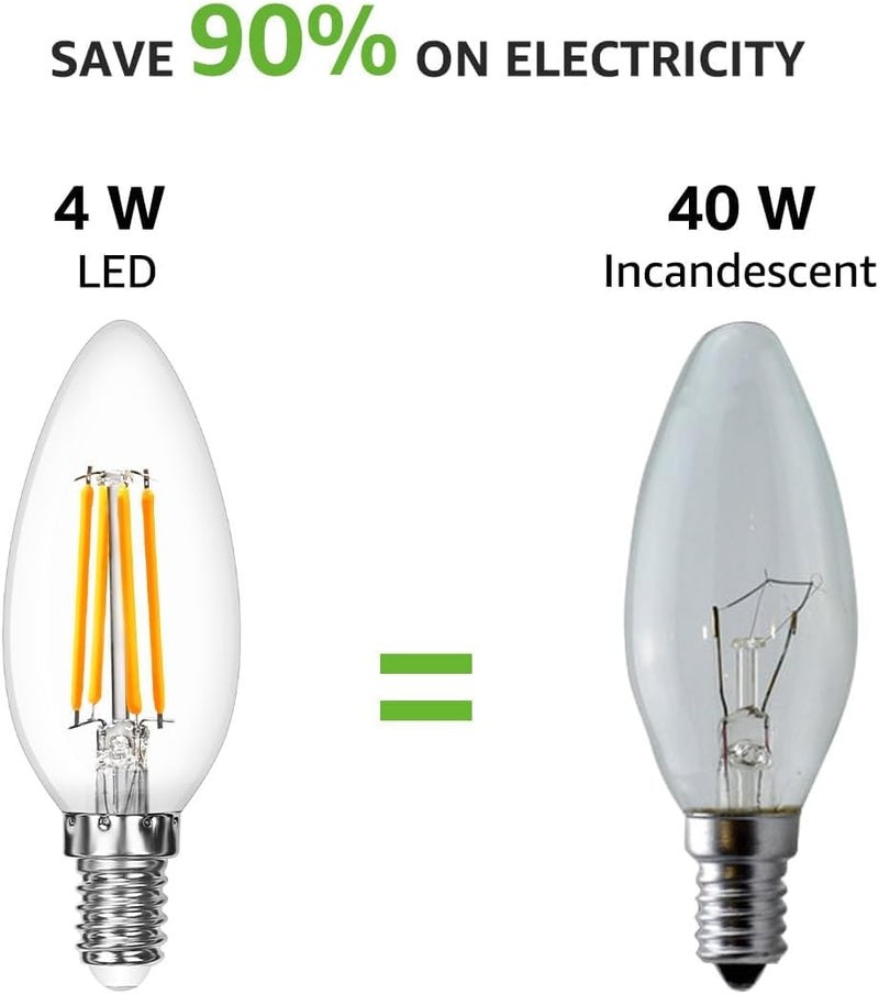 لايتنغ إيفر لمبة LED من Lepro طراز E14، لمبات شمعة LED بقاعدة لولبية صغيرة، 220-240 فولت، 4.5 واط، 470 لومن، مكافئة لمبة متوهجة 40 واط، لمبات SES E14 خيطية عتيقة، أبيض دافئ 2700 كلفن للثريات والمزيد، عبوة من 6 | وفر 90% من الطاقة، زاوية شعاع 360 درجة، خيط شفاف، غير قابلة للتعتيم، قاعدة إديسون لولبية صغيرة SES، لمبة شمعة E14، φ35 × 96 مم - Image 5