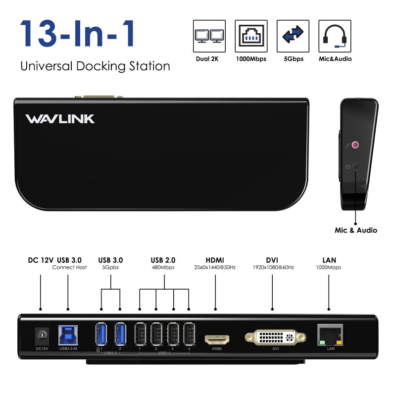 واف لينك Wavlink UG39DK1 Black Dual 2K USB 3.0 Universal Docking Station, Black | WL-UG39DK1 - Image 2