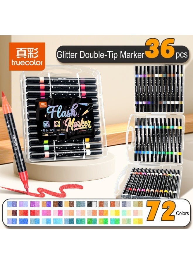 True Color New Elementary School Art Pens, 36Count, 72Colors, Dual-Tip, Soft-Tip, Dreamy Glitter Acrylic Markers - Image 1