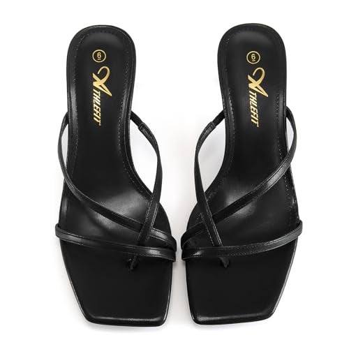 Athlefit Kitten Heels for Women Flip Flops Square Open Toe Strappy Low Heels Sexy Party Wedding Dress Thong Heeled Sandals Black Size 7 - Image 4