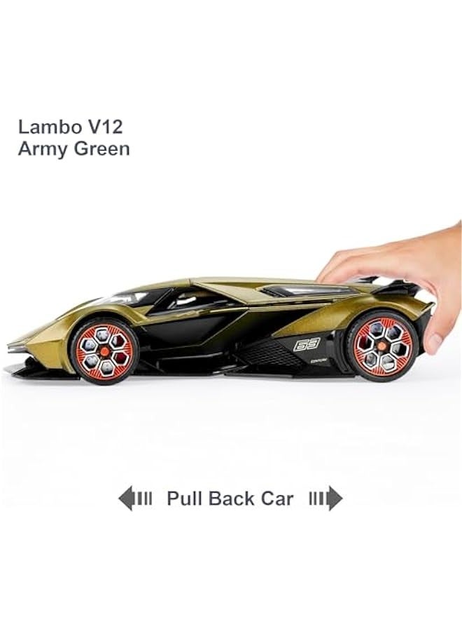 OCTOBER Toy Cars for Boys Age 4-7 8-12 Lambo V12 Race Car Toy with Light and Sound 1:22 Diecast Metal Model Cars for Kids Pull Back Sport Car Gift Toys for 3+ Year Old Boys (Army Green)  - Image 3