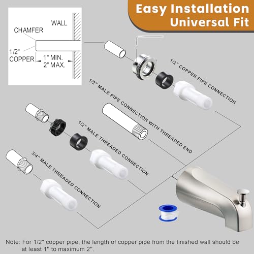 Dreyoo Tub Spout (Universal Fits 1/2" Copper Pipe, 1/2" IPS and 3/4" IPS), Bathroom Bathtub Faucet with Adapters and Hex Wrench(Brushed Nickel,Simple) - Image 5