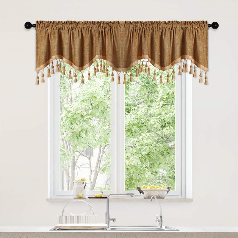 ELKCA DoubleSided Chenille Window Curtains Tier for Kitchen Bronze Scalloped Valance for Living RoomRod PocketPack of 2Bronze52 W x 18 L