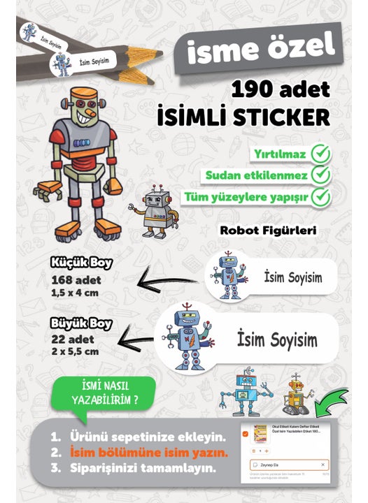 School Label Pen Notebook Label Robot Themed Name Writeable Label - 190 Pieces