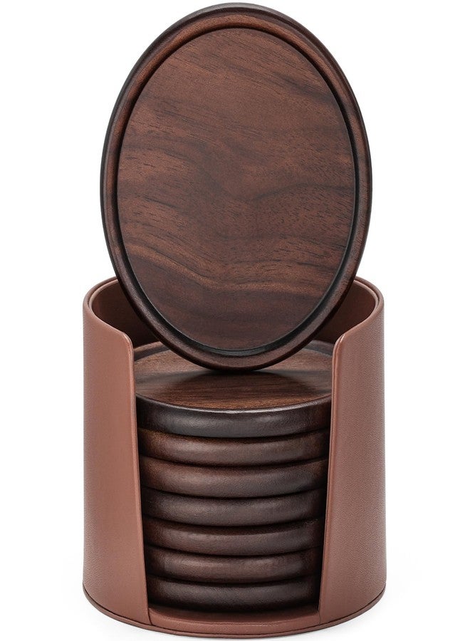 GOH DODD Wood Coasters with Leather Holder, GOH DODD Set of 8 Walnut Wooden Coaster Tabletop Protection for Drinks Coffee Table Home Kitchen Office Living Room Decor Housewarming Gifts Wedding Party, 4 Inch - Image 1