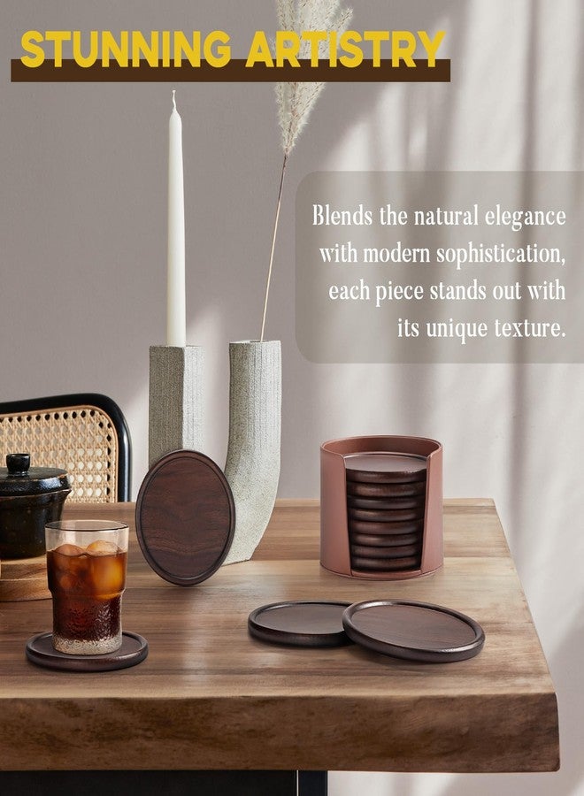 GOH DODD Wood Coasters with Leather Holder, GOH DODD Set of 8 Walnut Wooden Coaster Tabletop Protection for Drinks Coffee Table Home Kitchen Office Living Room Decor Housewarming Gifts Wedding Party, 4 Inch - Image 3
