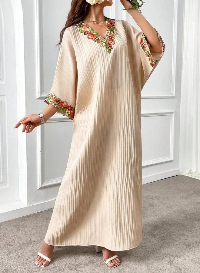 Take Two Women Textured Flower Patch Detail V Neck Jalabiya