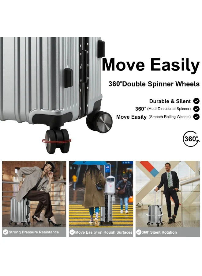 Cabinpro Silver Lightweight Aluminum Frame Fashion Luggage Trolley Polycarbonate Hard Case Carry On Suitcase with 4 Quite 360 Degree Double Spinner Wheels CP001 Silver  | Best Price UAE
