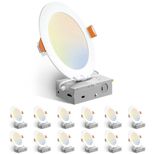 Amico 12 Pack 6 Inch 5CCT Ultra-Thin LED Recessed Ceiling Light with Junction Box, 1050LM Brightness, Dimmable Canless Wafer Downlight, 12W, ETL&FCC - Image 1