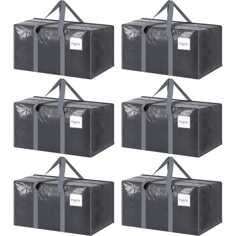 FYGRIP 6 Pack Extra Heavy Duty Large Moving Bags with Strong Zipper Comfortable Handles Sturdy Durable Clothes Storage Bags Totes Bins Packing Moving Boxes for College Supplies Gray - Image 2
