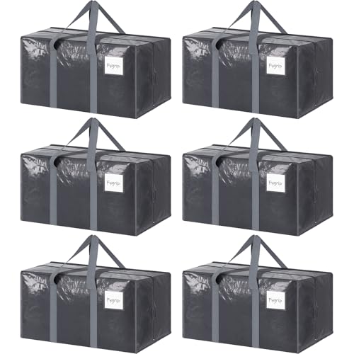 FYGRIP 6 Pack Extra Heavy Duty Large Moving Bags with Strong Zipper Comfortable Handles Sturdy Durable Clothes Storage Bags Totes Bins Packing Moving Boxes for College Supplies Gray - Image 1