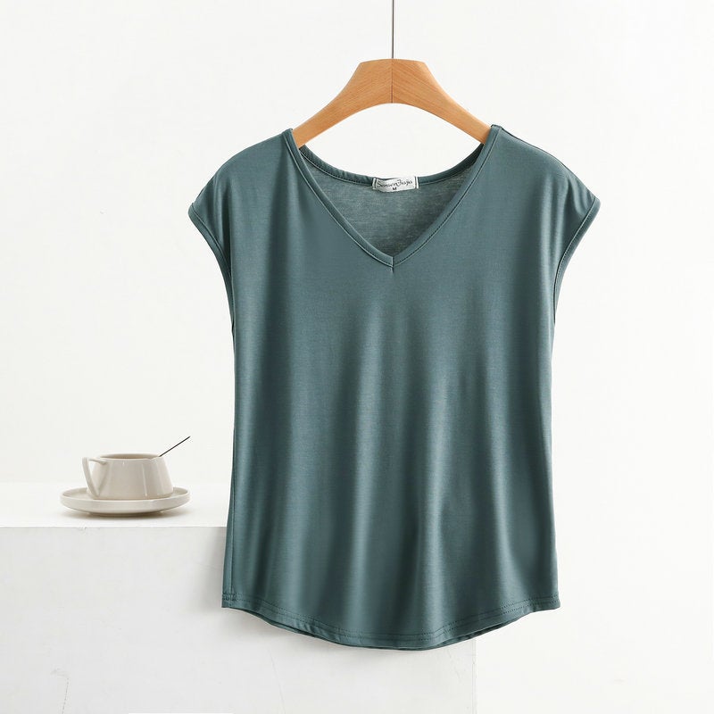 Summer Thin Modal Sleeveless T-Shirt Women's V Neck Small Sleeve Top Loose Large Size Vest Casual Pure Color Bottoming Shirt - Image 1