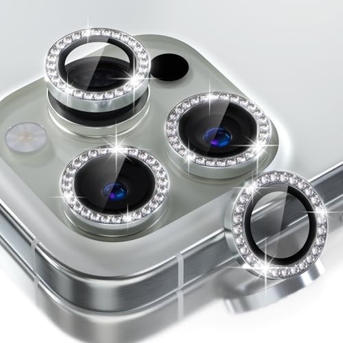 Choiche Compatible for iPhone 16 Pro/iPhone 16 Pro Max Camera Lens Protector Bling, 9H Tempered Glass Camera Cover Screen Protector Metal Ring Decoration Accessories (Diamond-Silver) - Image 1