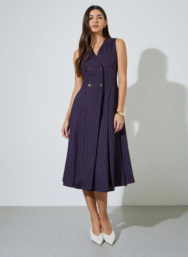 Purple Striped Double Breast Sleeveless Blazer Midi Dress