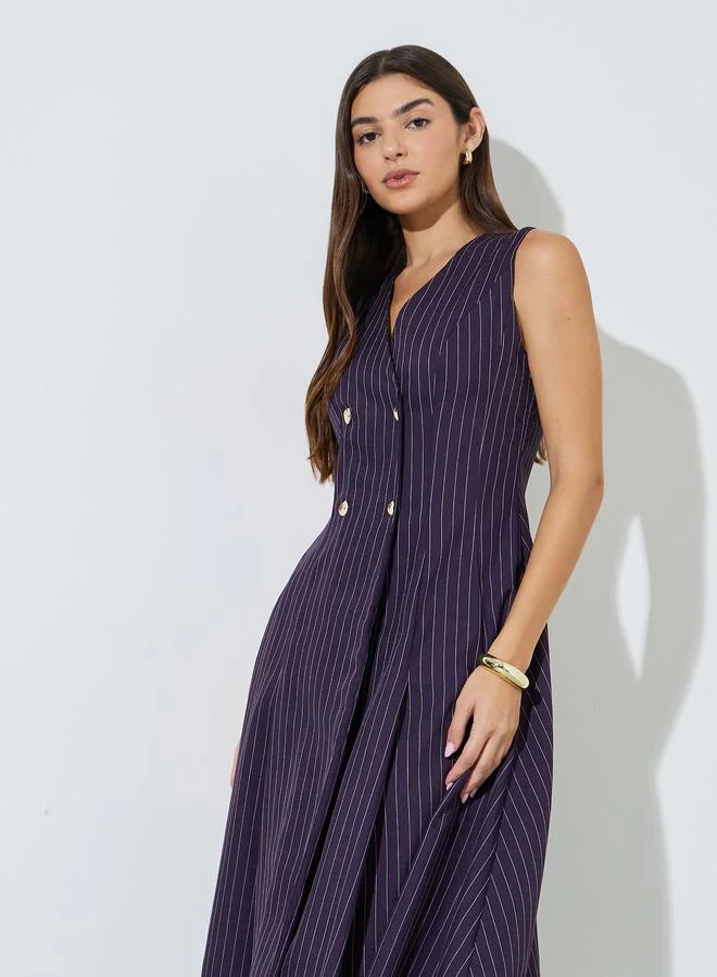 Styli Purple Striped Double Breast Sleeveless Blazer Midi Dress