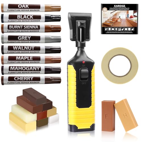 Karidge Laminate Vinyl Floor Repair Kit with Heat Pen, 11 Colors Hardwood Floor Wax Wood Furniture Touch up Marker Linoleum Lvp Repair Kit Covers Scratches, Stains, Cracks, Holes for Floor, Door, Cabinet - Image 1