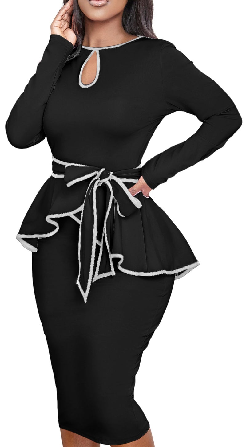 Yiershu Women Dress Elegant Peplum Business Dresses Sexy Split Long Sleeve Bodycon Knee Length Formal Pencil Back Zipper Dress(Black,L) - Image 4