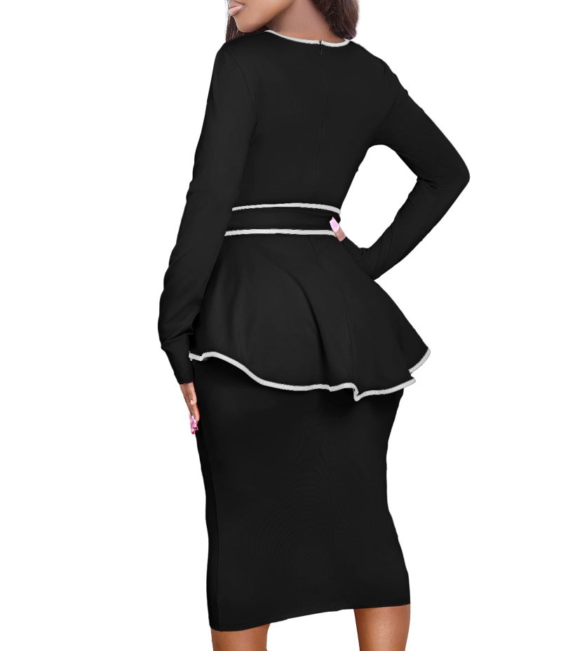Yiershu Women Dress Elegant Peplum Business Dresses Sexy Split Long Sleeve Bodycon Knee Length Formal Pencil Back Zipper Dress(Black,L) - Image 2