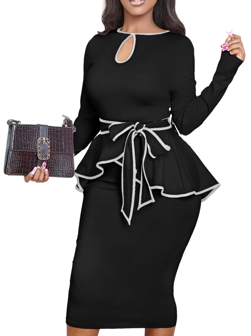 Yiershu Women Dress Elegant Peplum Business Dresses Sexy Split Long Sleeve Bodycon Knee Length Formal Pencil Back Zipper Dress(Black,L) - Image 3