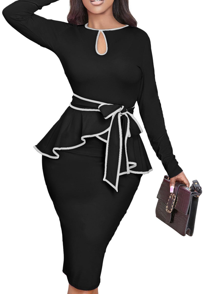 Yiershu Women Dress Elegant Peplum Business Dresses Sexy Split Long Sleeve Bodycon Knee Length Formal Pencil Back Zipper Dress(Black,L) - Image 5