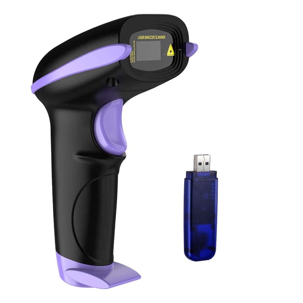NADAMOO Wireless Barcode Scanner 328 Feet Transmission Distance USB Cordless 1D Laser Automatic Barcode Reader Handhold Bar Code Scanner with USB Receiver for Store Supermarket Warehouse Violet