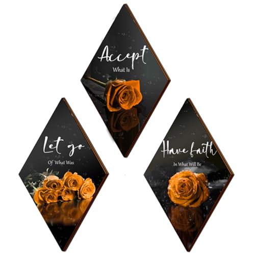 ZINYAZHE 3 Pcs Orange Rose Bathroom Wall Decor Orange Decor Flower Wooden Inspirational Wall Art Bedroom Wall Decor with Accept Let Go Have Faith Sign for Bathroom Living Room Bedroom12 x 7 - Image 1
