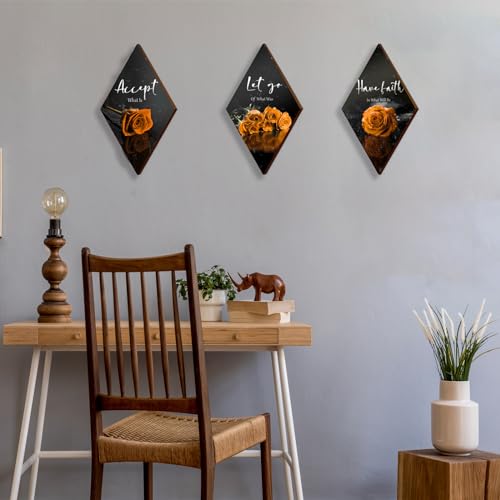 ZINYAZHE 3 Pcs Orange Rose Bathroom Wall Decor Orange Decor Flower Wooden Inspirational Wall Art Bedroom Wall Decor with Accept Let Go Have Faith Sign for Bathroom Living Room Bedroom12 x 7 - Image 3