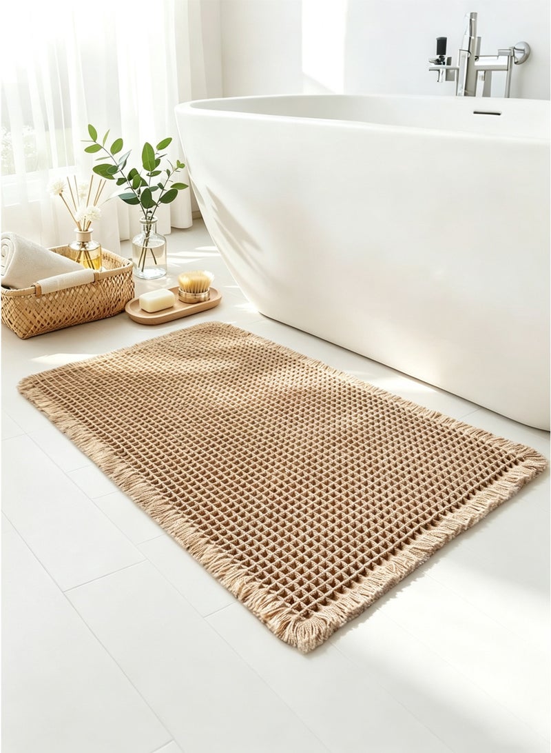 Bath Mat 77x46cm, Extra Soft Super Absorbent Quick Dry Waffle Bathroom Rug, Non Slip Machine Washable Floor Mat, Boho Style Farmhouse Bathroom Decor, Khaki - Image 1