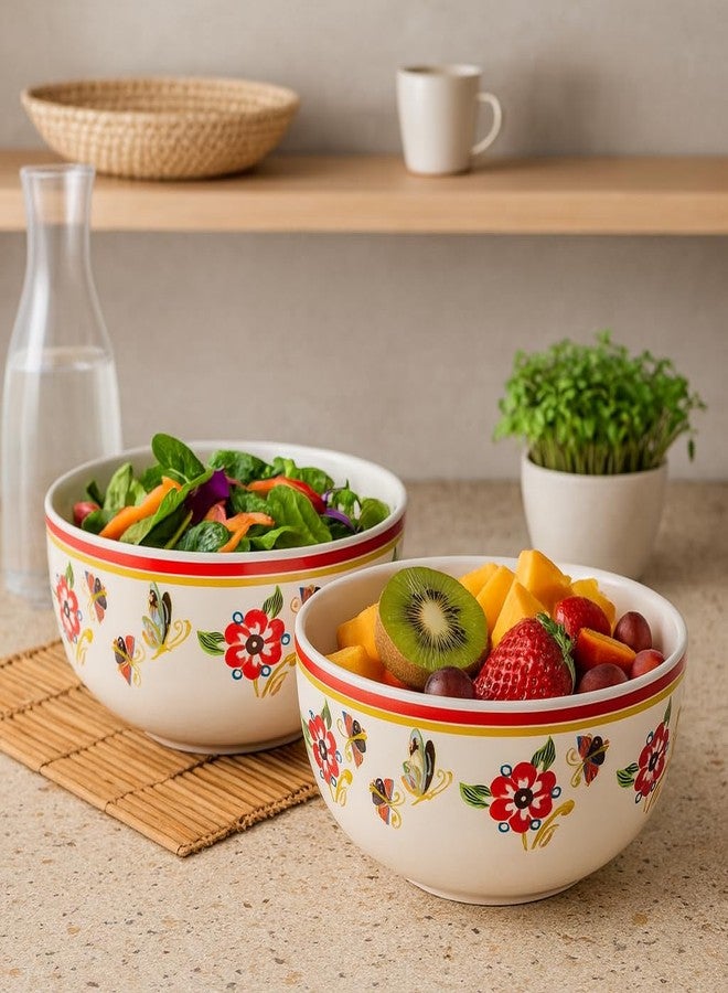 KITTENS Ceramic Serving Bowls Set of 4 – 400ml Each – Handcrafted Floral & Butterfly Print – Glossy Finish – Microwave & Dishwasher Safe – Food Grade – for Soup, Curry, Snacks, Diwali & Daily Use - Image 2