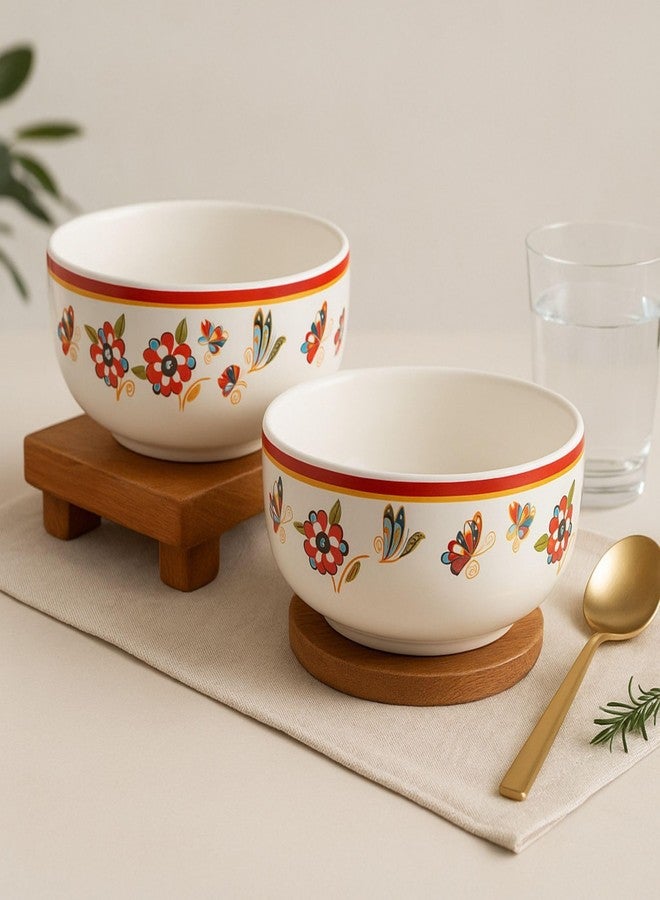 KITTENS Ceramic Serving Bowls Set of 4 – 400ml Each – Handcrafted Floral & Butterfly Print – Glossy Finish – Microwave & Dishwasher Safe – Food Grade – for Soup, Curry, Snacks, Diwali & Daily Use - Image 1