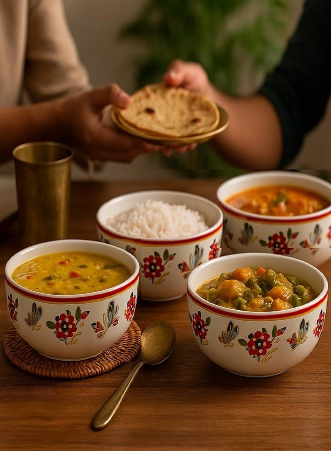 KITTENS Ceramic Serving Bowls Set of 4 – 400ml Each – Handcrafted Floral & Butterfly Print – Glossy Finish – Microwave & Dishwasher Safe – Food Grade – for Soup, Curry, Snacks, Diwali & Daily Use - Image 3