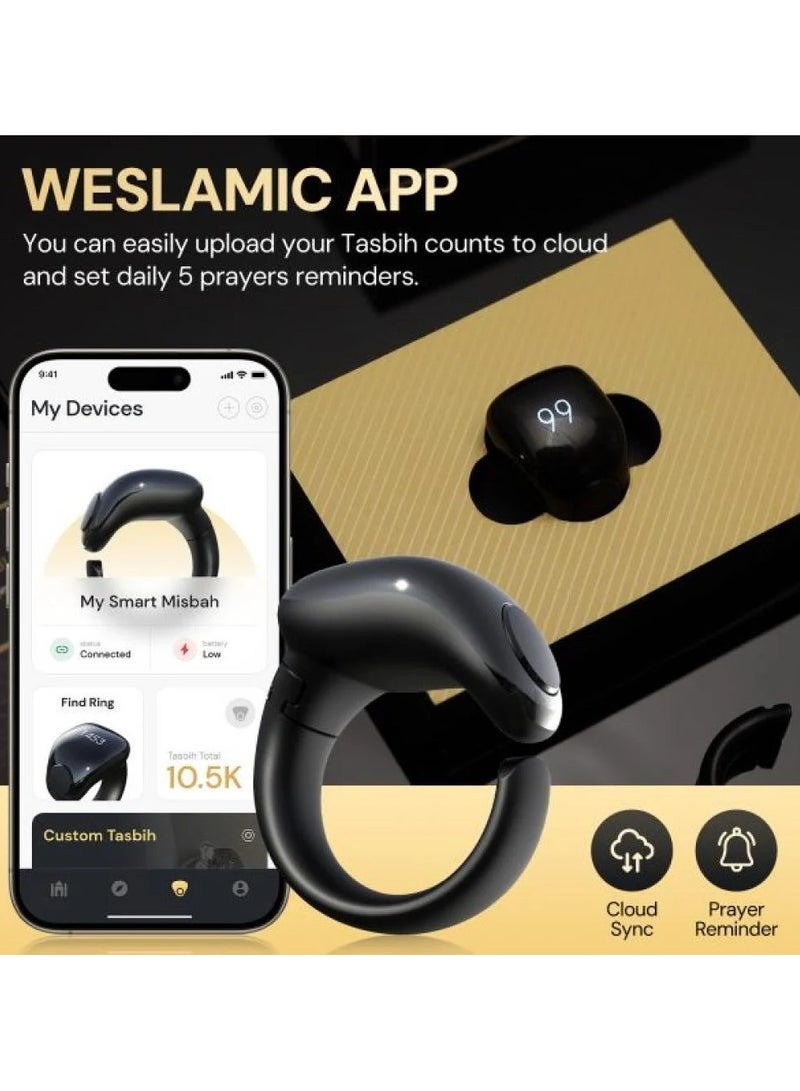 سلام خاتم تسبيح ذكي و مريح خاتم عداد التسبيح قابل للتعديل بمقاسين (20/22 مم)، يدعم التطبيق مع عداد رقمي للتسبيح، خاتم تذكير بالصلاة مقاوم للماء للمسلمين - أسود - Image 5