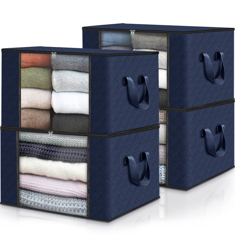 Fab totes Fab totes 4 Pack Clothes Storage Foldable Thick Fabric Blanket Storage Bags Containers for Organizing Bedroom Closet Clothing ComforterCloset Organization with HandleBlue 