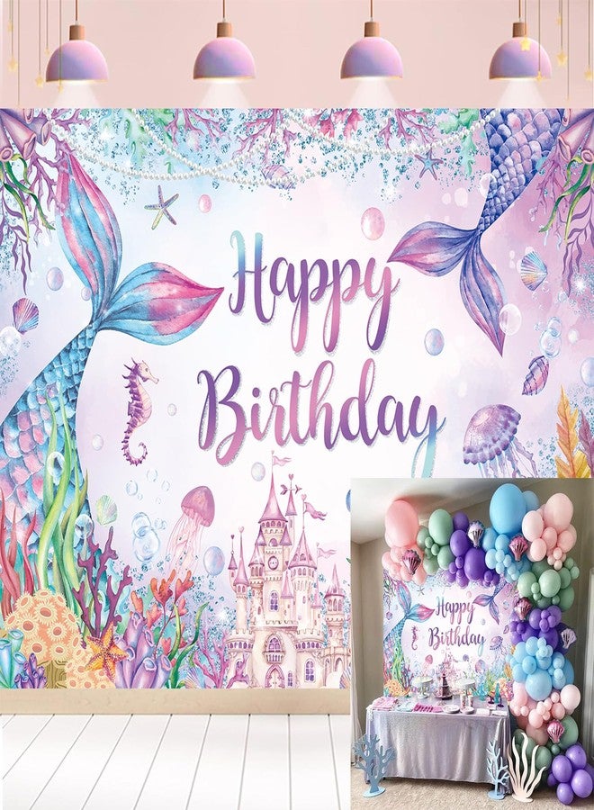 سينراي خلفية عيد ميلاد سعيد حورية البحر 7 × 5 أقدام زينة حفلات حورية البحر تحت خلفية التصوير الفوتوغرافي البحرية لحفلة عيد ميلاد الفتاة الأميرة كعكة طاولة لوازم الديكور - Image 1